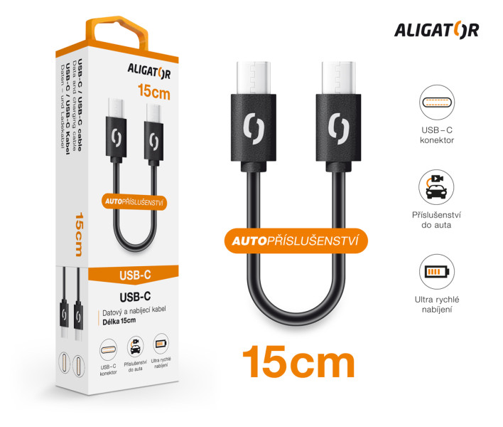 Dátový kábel ALIGATOR POWER USB-C/USB-C 15cm, čierna