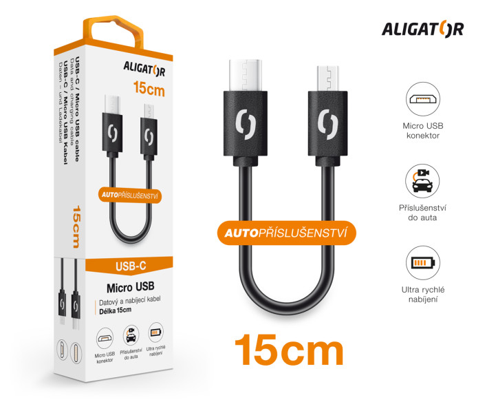 Dátový kábel ALIGATOR POWER USB-C/MicroUSB 15cm, čierna