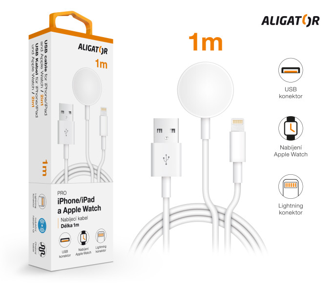 Nabíjecí kabel ALIGATOR 2v1 pro iPhone/iPad a Apple Watch, bílá